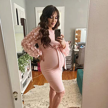 MQTIME  - Women Solid Color Maternity Pregnancy Clothing Cute Puff Sleeve Slim Dresses For Photoshoot